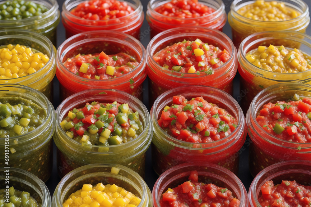Homemade salsa. Bowls with salsa and nachos on grey background .tortilla chips. Generative AI Homemade salsa. Bowls with salsa and nachos on grey background .tortilla chips. Generative AI