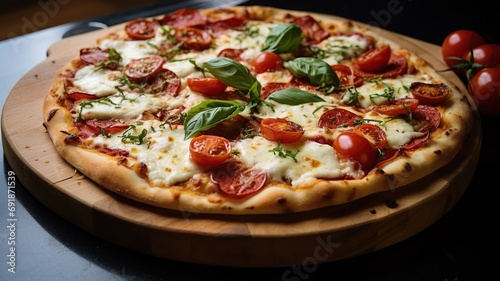 close up horizontal view of a pizza served on a wooden tray AI generated