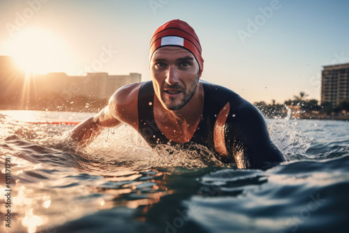 Focused man triathlete swimming in sunny day photo