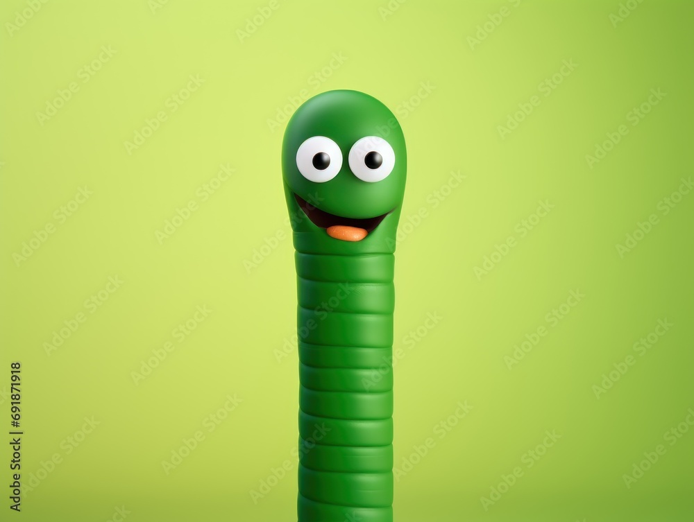 Fototapeta premium Portrait photorealistic funny cartoon Earthworm isolated on solid green background. Creative animal concept. Copy space.