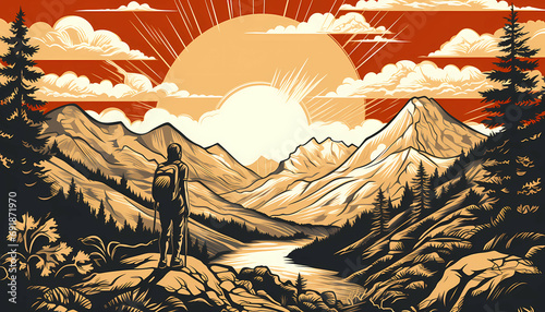 Woman Hiking In Sunny Majestic Mountains, a man standing on a rock looking at a river and mountains.