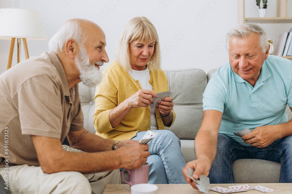 Group of senior people laughing while relaxing at home and playing cards. Group of senior people laughing while relaxing at home and playing cards.