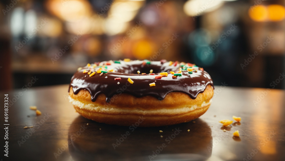 Sweet black donut, blurred background. generative AI - obrazy, fototapety, plakaty 