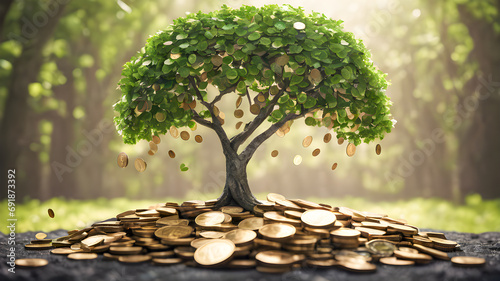 Investment concept, Tree growing out of coins with bokeh background