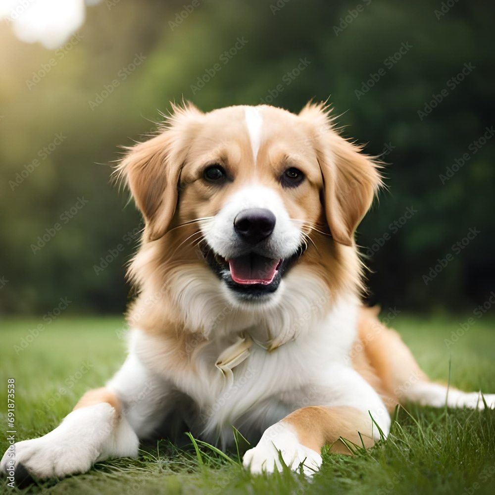 Happy dog portrait on green grass 