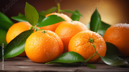 Ripe oranges with vibrant leaves arranged on a wooden table  showcasing fresh tangerines in close-up at a market stall.