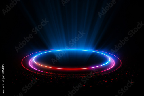 Circular light with black background and red and blue light.