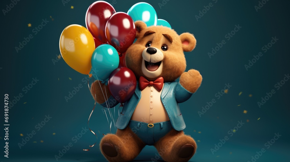 A chubby 3D teddy bear with a heartwarming smile, clutching helium balloons. - obrazy, fototapety, plakaty 
