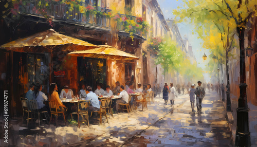 An Impressionist Oil Painting Depicting A Street Cafe, a painting of people sitting at tables outside a building.