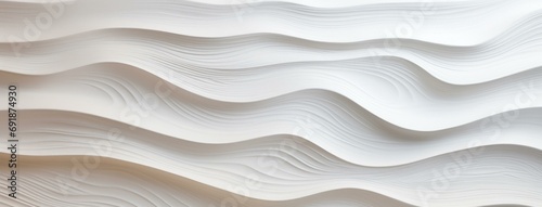 A modern white wall with wavy ridges, resembling gentle ripples in sand or water. Generative AI.