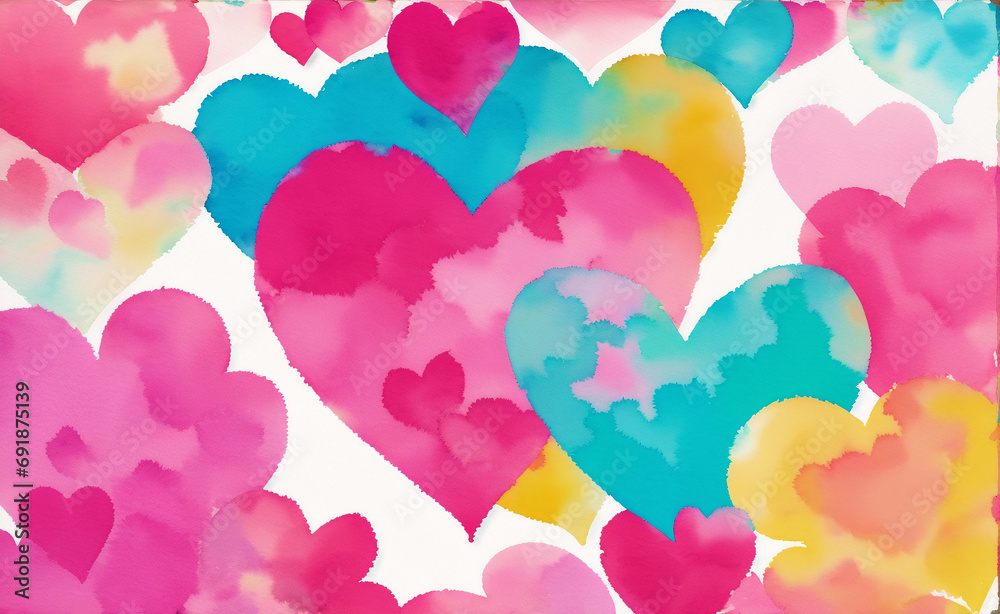 Valentine's day postcard. Watercolor hearts on the watercolor background. Valentine's day. Watercolor paint. Digital art, Generative AI