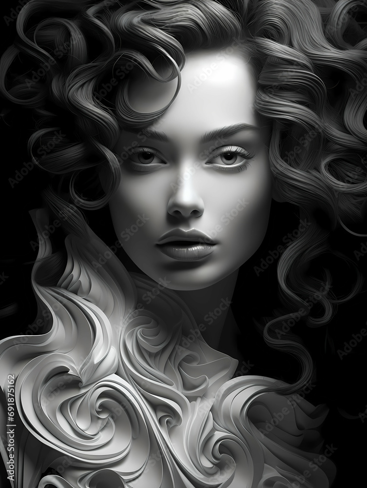 Black And White Portrait, a woman with curly hair.