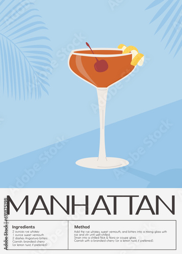 Manhattan Classic Cocktail garnished with maraschino cherry. Classic alcoholic beverage recipe wall art print. Summer aperitif poster. Minimalist alcoholic drink placard. Vector illustration.