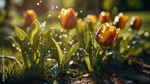 Man Watering Tulips Spring Garden Photo, HD, Background Wallpaper, Desktop Wallpaper
