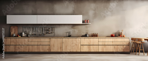 Minimalist Premium Kitchen Scene, a kitchen with wooden cabinets and a white shelf. © netsign