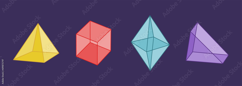 Set of basic geometric shapes. Cube, rhombus, pyramid. Isometric view. Hand drawn vector illustration isolated on purple background. Modern flat cartoon style. Set of basic geometric shapes. Cube, rhombus, pyramid. Isometric view. Hand drawn vector illustration isolated on purple background. Modern flat cartoon style.