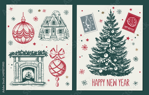 Christmas set, tree, home, Fireplace, in sketch style. Hand drawn illustration.	
