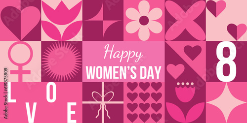 Abstract background dedicated to the celebration of Women's Day on March 8th. Simple shapes of hearts, gifts, flowers in a modern geometric style. Perfect for postcards, wallpapers, posters..