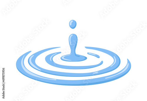 Water drop, splash with ripples, circle waves, rings on surface. Waterdrop, blue clear pure droplet. Aqua blob, moisture, clean fluid element. Flat vector illustration isolated on white background