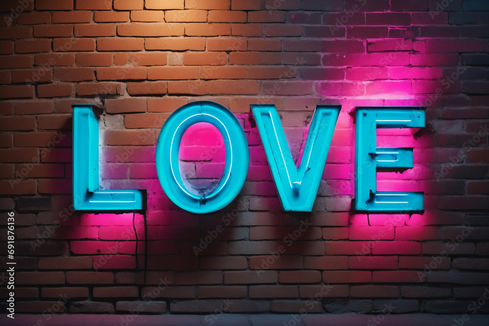 Cinematic illustration of the word LOVE in neon light on a wall Cinematic illustration of the word LOVE in neon light on a wall