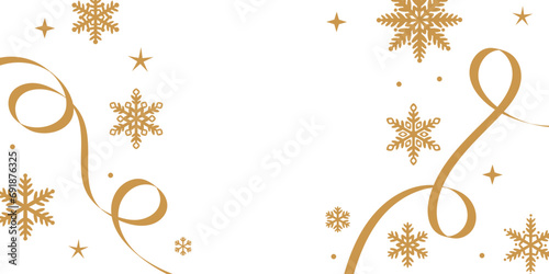 Gold winter holiday frame with ribbon and snowflake elements, festive clip art vector banner design