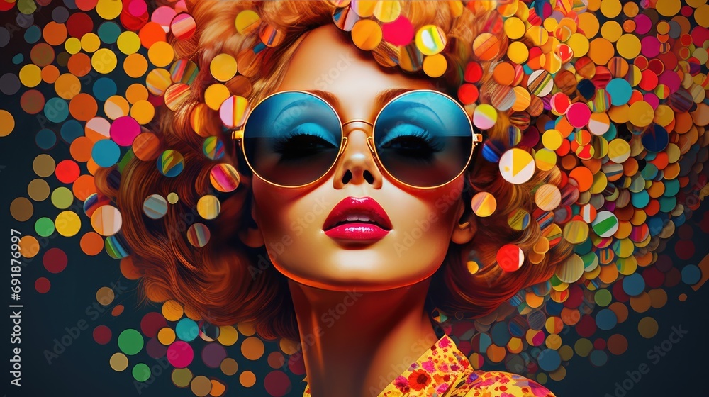 Stylish woman with retro sunglasses and colorful backdrop. Fashion and beauty.