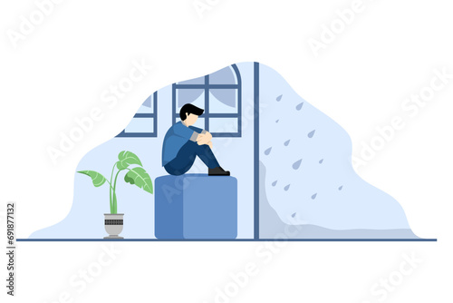 stress concept, man suffering from depression, unhappy depressed young man sitting, curled up on the sofa at home, crying, vector illustration for mental illness, sadness, flat vector illustration.