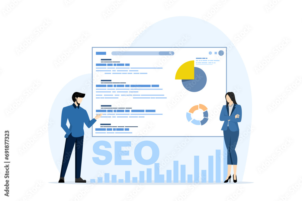 SEO analysis concept. top ranking. The SEO optimization graph is rising and the big arrow is pointing upwards. performance marketing, analytics and search engine rankings. Vector illustration. SEO analysis concept. top ranking. The SEO optimization graph is rising and the big arrow is pointing upwards. performance marketing, analytics and search engine rankings. Vector illustration.