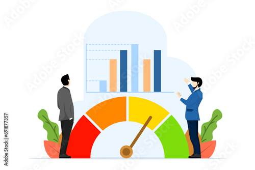 concept of performance appraisal or customer feedback, credit score or satisfaction measurement, quality control or improvement, businessman analyzing business performance indicators.