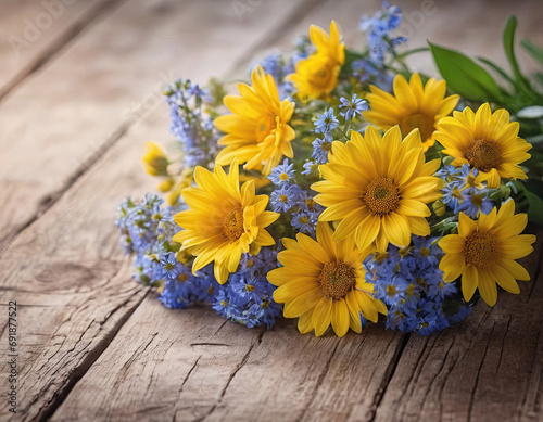 bouquet of yellow flowers on wooden background