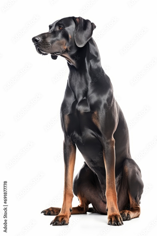 Full length portrait of big dog looking up isolated on white background