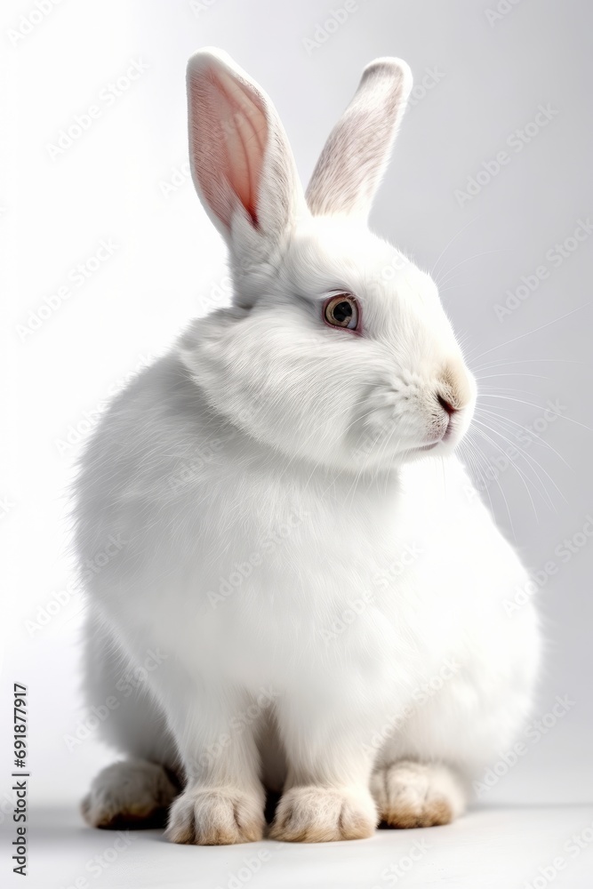Portrait of cute white fluffy rabbit on white background
