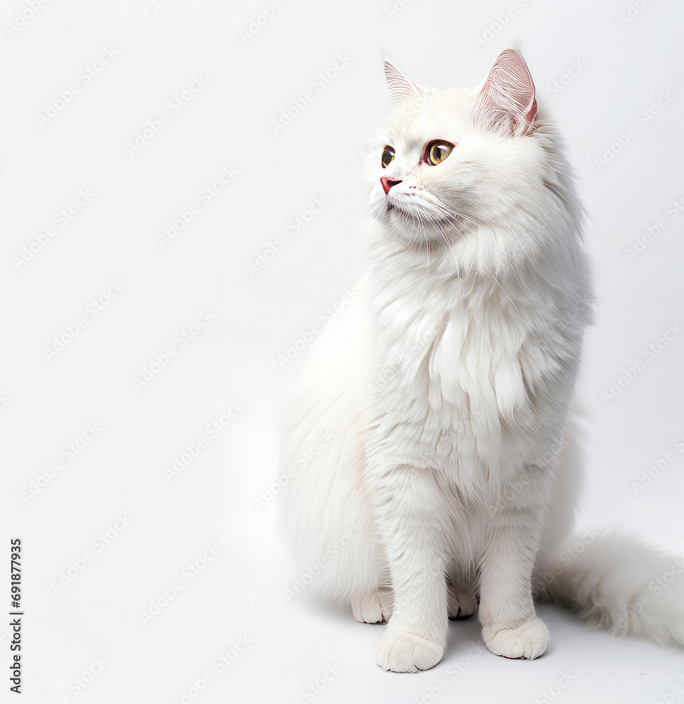 Portrait of white fluffy cat on white background with copy space