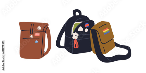 Modern bags and backpacks decorated with abstract stickers, badges, tags. Trendy customized teen packs with craft decorations, ornaments. Flat vector illustration isolated on white background