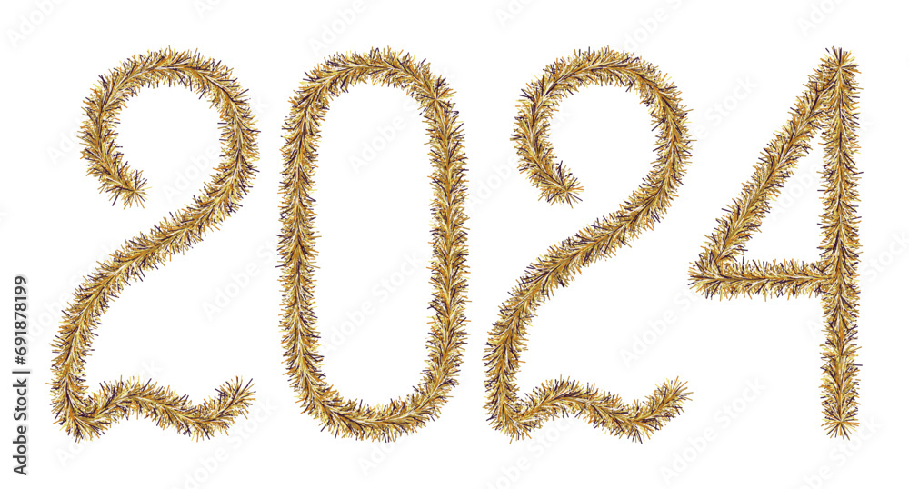 Tinsel. 2024. Lettering from a festive Christmas decoration. Fluffy numbers. Dark gold color. Vector illustration. Isolated background. Cute plush message. The coming year. Rustling lettering. Tinsel. 2024. Lettering from a festive Christmas decoration. Fluffy numbers. Dark gold color. Vector illustration. Isolated background. Cute plush message. The coming year. Rustling lettering.