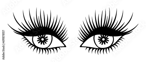 Intent female gaze. The eyelid is half closed. Seductive fox look. Lush black lashes. Sketch. Vector illustration. Doodle style. Outline on isolated background. Coloring book for children. 
