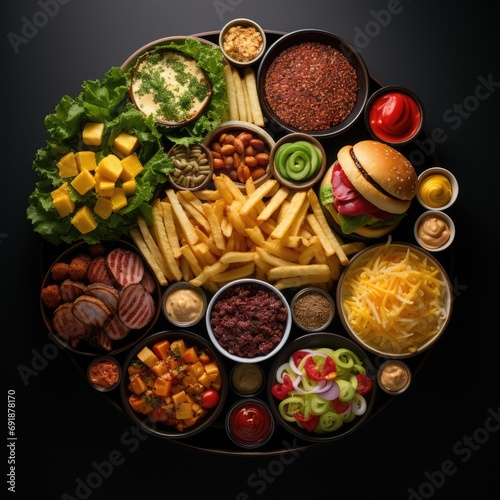 Fast food meal selection on black background. Top view, flat lay