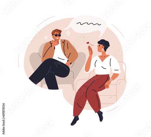 Man and woman falling in love, flirting. Young girl air kissing crush guy. En...