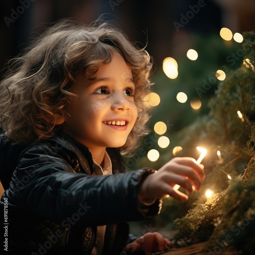A cute child is smiling near a Christmas tree with Christmas lights. New Year and Christmas.