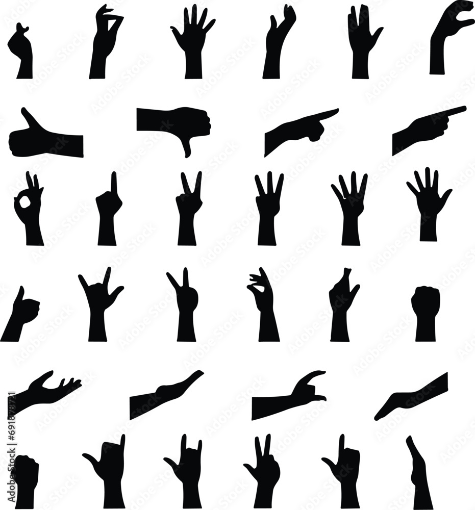 Hand gesture icon set. All type of hand emojis, gestures, stickers, emoticons flat vector illustration symbols. Hands, handshakes, muscle, finger, fist, direction, like, unlike, fingers collection