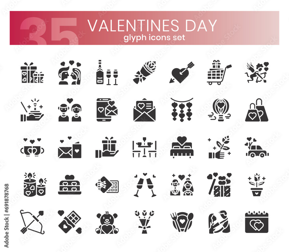 Valentines' day Icons Bundle. Glyph icons style. Vector illustration