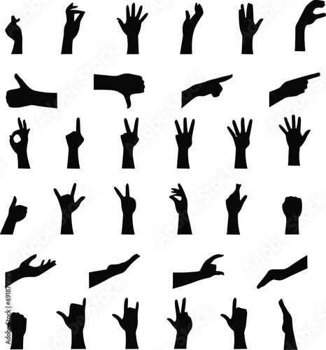 Hand gesture icon set. All type of hand emojis  gestures  stickers  emoticons flat vector illustration symbols. Hands  handshakes  muscle  finger  fist  direction  like  unlike  fingers collection