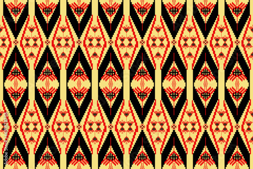 Fabric pattern, abstract pixels, geometric shapes, flowers, orange, black, yellow background, design for textiles, prints, carpets, curtains, pillows.