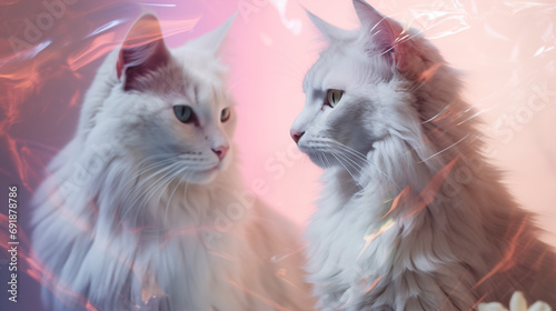 two white cats, bloom and glare, pink, pastel portrait