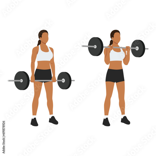 Woman doing Reverse barbell curl exercise. Flat vector illustration isolated on white background