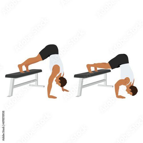 Man doing bench Pike push up exercise. Flat vector illustration isolated on white background
