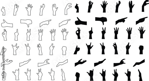 Hand gesture icon set. All type of hand emojis, gestures, stickers, emoticons vector illustration symbols. Hands, handshakes, muscle, finger, fist, direction, like, unlike, fingers collection