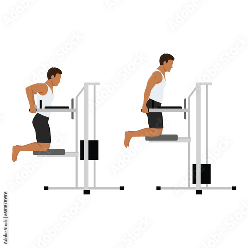 Man doing dips on parallel bars in the gym exercise. Flat vector illustration isolated on white background