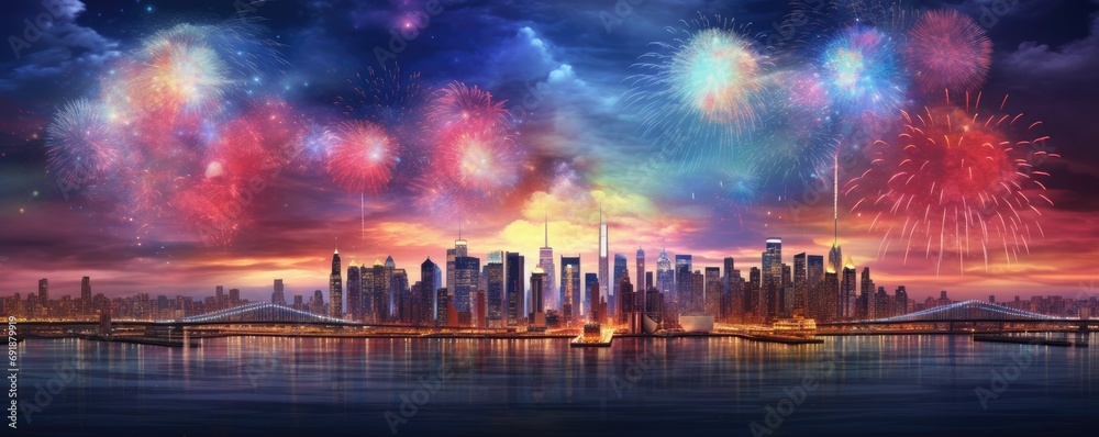 Fototapeta premium Night view on celebration of new year with colorful fireworks, panorama banner. Generative Ai.