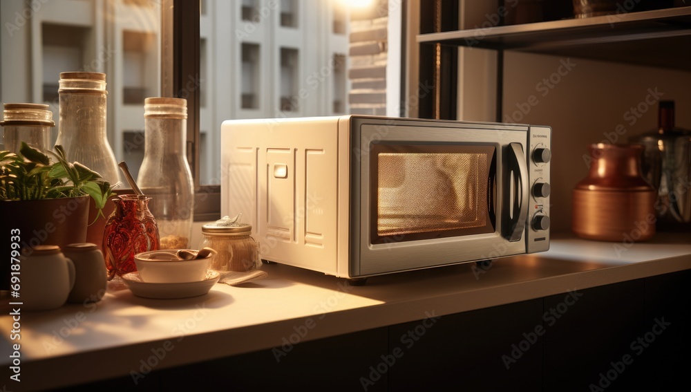 Modern microwave oven in kitchen room of house or apartment Modern microwave oven in kitchen room of house or apartment